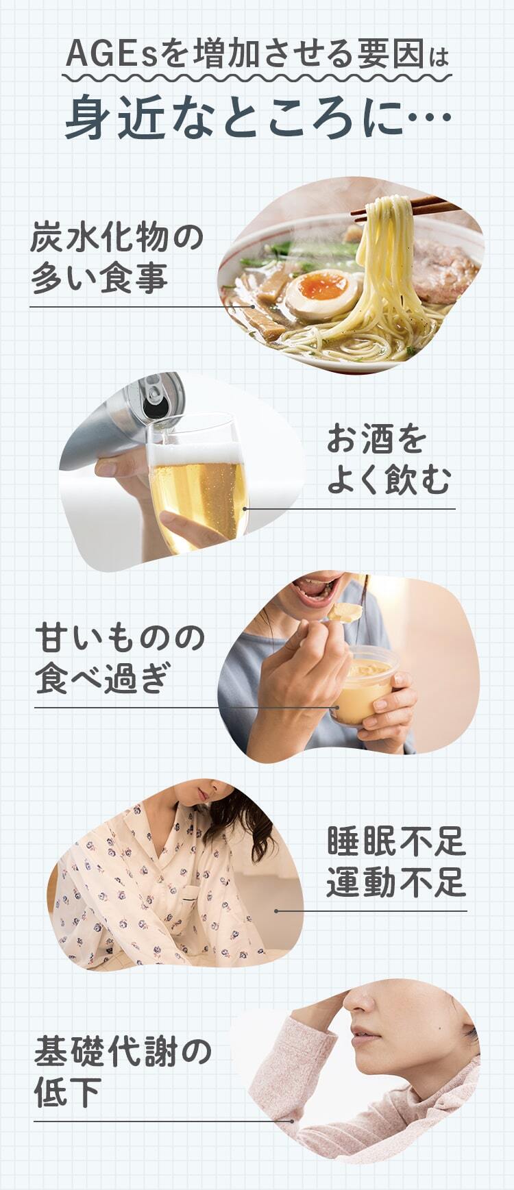AGEsを増加させる要因は身近なところに…炭水化物の多い食事!お酒をよく飲む!甘いものの食べ過ぎ!