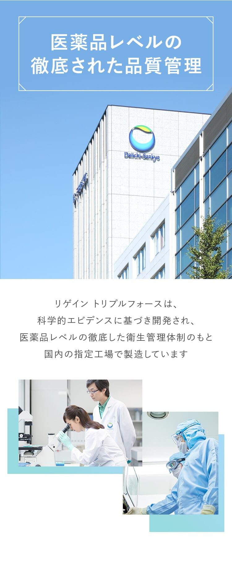 医薬品レベルの徹底された品質管理!リゲイン トリプルフォースは、科学的エビデンスに基づき開発され、医薬品レベルの徹底した衛生管理体制のもと 国内の指定工場で製造しています