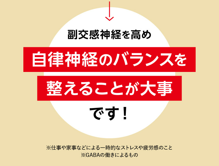 副交感神経を高め自律神経のバランスを整えることが大事です！※仕事や家事などによる一時的なストレスや疲労感のこと※GABAの働きによるもの