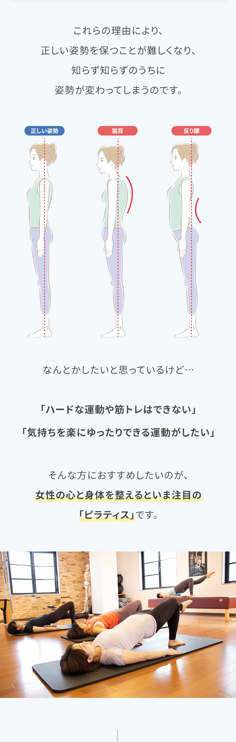 これらの理由により、正しい姿勢を保つことが難しくなり、知らず知らずのうちに姿勢が変わってしまうのです。