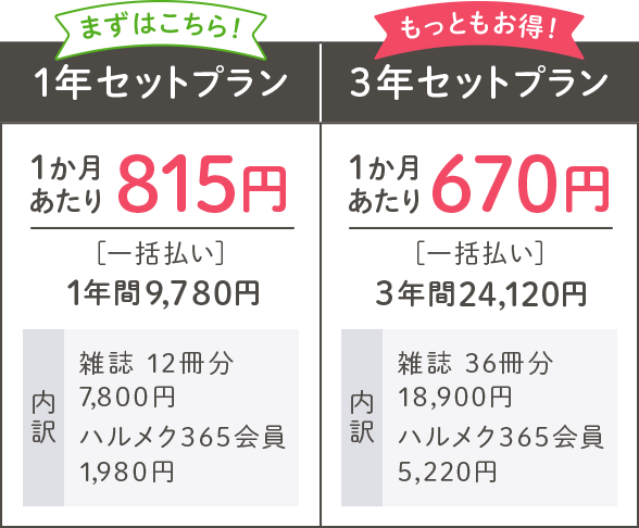 ~人気No.1~1年セットプラン 1ヶ月あたり815円 年間9,780円  ~もっともお得!~3年セットプラン 1ヶ月あたり670円