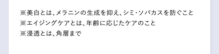 ※美白とは、メラニンの生成を抑え、シミ・ソバカスを防ぐこと ※エイジングケアとは、年齢に応じたケアのこと ※浸透とは、角層まで