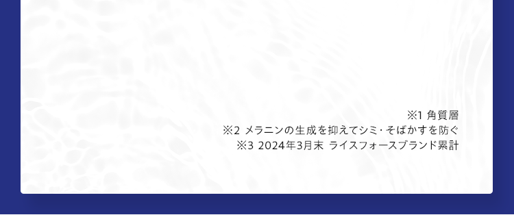 ※1 角質層※2 メラニンの生成を抑えてシミ・そばかすを防ぐ※3 2024年3月末 ライスフォースブランド累計