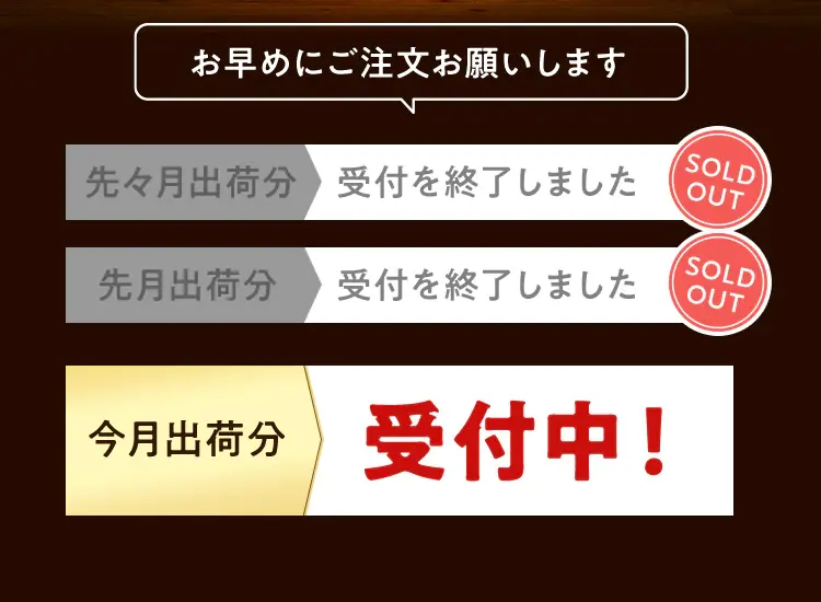 お早めにご注文お願いします 先々月出荷分受付を終了しましたSOLD OUT 先月出荷分受付を終了しましたSOLD OUT 今月出荷分 受付中!