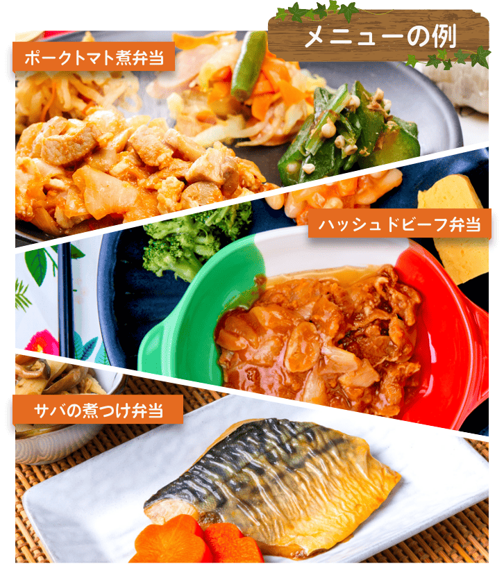 メニューの例 ポークトマト煮弁当 ハッシュドビーフ弁当 サバの煮付け弁当
