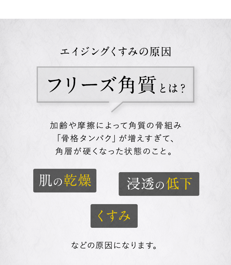 POINT エイジングくすみ※1の原因「フリーズ角質とは？」 加齢や摩擦によって角質の骨組み「骨格タンパク」が増えすぎて、角層が固くなった状態のこと。 肌の乾燥 浸透の低下 くすみ などの原因になります。 だから、毎日のケアで柔らかくすることが大切です。