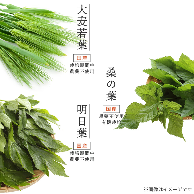 国産の原材料：大麦若葉・桑の葉・明日葉を使用