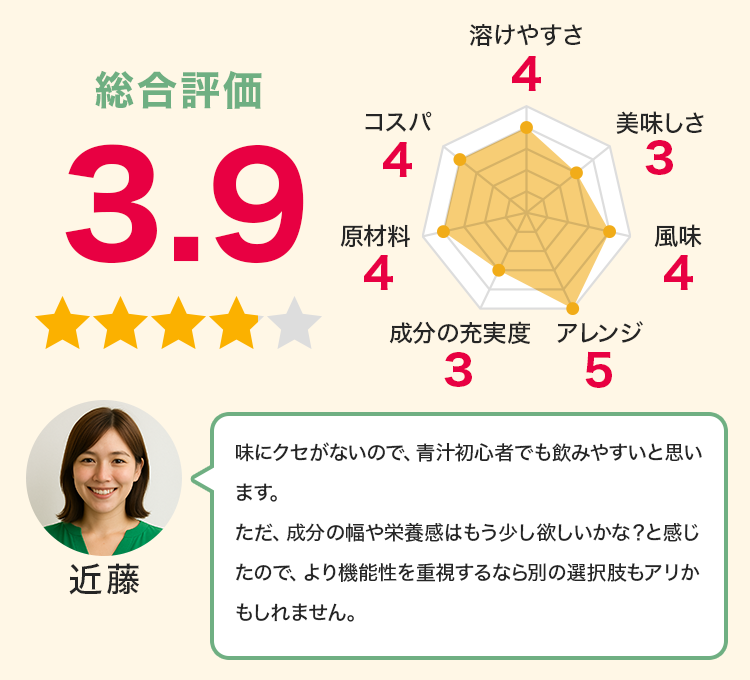 近藤：味にクセがないので、青汁初心者でも飲みやすいと思います。