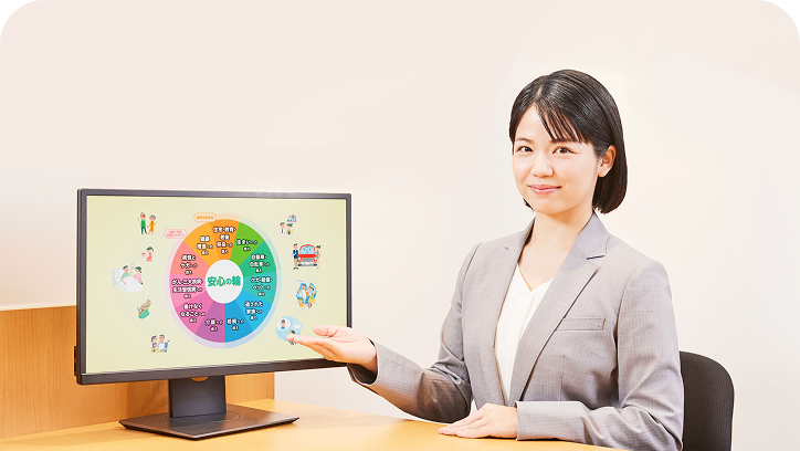 笑顔の女性スタッフがライフプランの円グラフが表示されたモニターを指差して説明している様子
