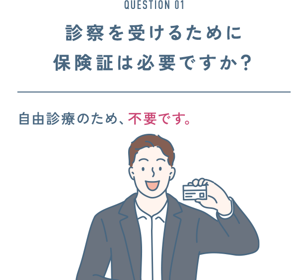 QUESTION 01 診察を受けるために 保険証は必要ですか？ 自由診療のため、不要です。