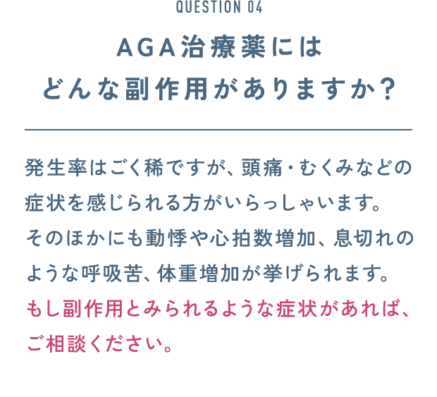 QUESTION 04 AGA治療薬には どんな副作用がありますか？ 発生率はごく稀ですが、頭痛・むくみなどの症状を感じられる方がいらっしゃいます。 そのほかにも動悸や心拍数増加、息切れのような呼吸苦、体重増加が挙げられます。もし副作用とみられるような症状があれば、ご相談ください。