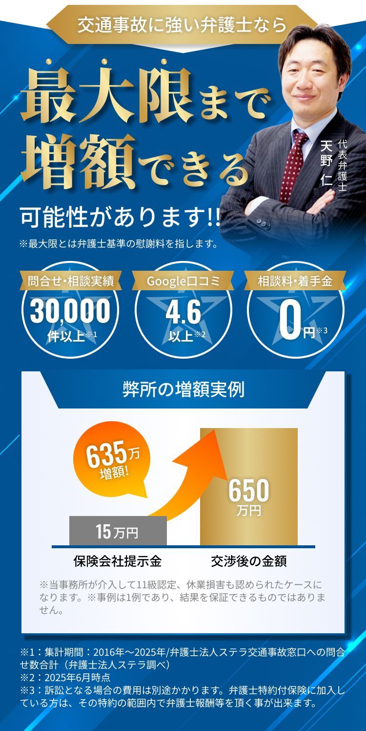 交通事故に強い弁護士法人ステラ。保険会社の提示額から最大限増額可能。相談実績3万件以上。