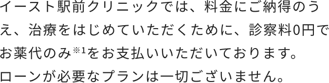 イースト駅前クリニックでは、料金にご納得のうえ、治療をはじめていただくために、診察料0円でお薬代のみ※1をお支払いいただいております。ローンが必要なプランは一切ございません。