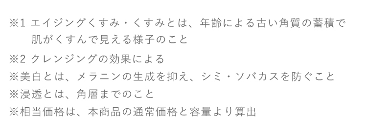 ※1 エイジングくすみ・くすみとは、年齢による古い角質の蓄積で
　　肌がくすんで見える様子のこと ※2 クレンジングの効果による ※美白とは、メラニンの生成を抑え、シミ・ソバカスを防ぐこと ※浸透とは、角層までのこと ※相当価格は、本商品の通常価格と容量より算出