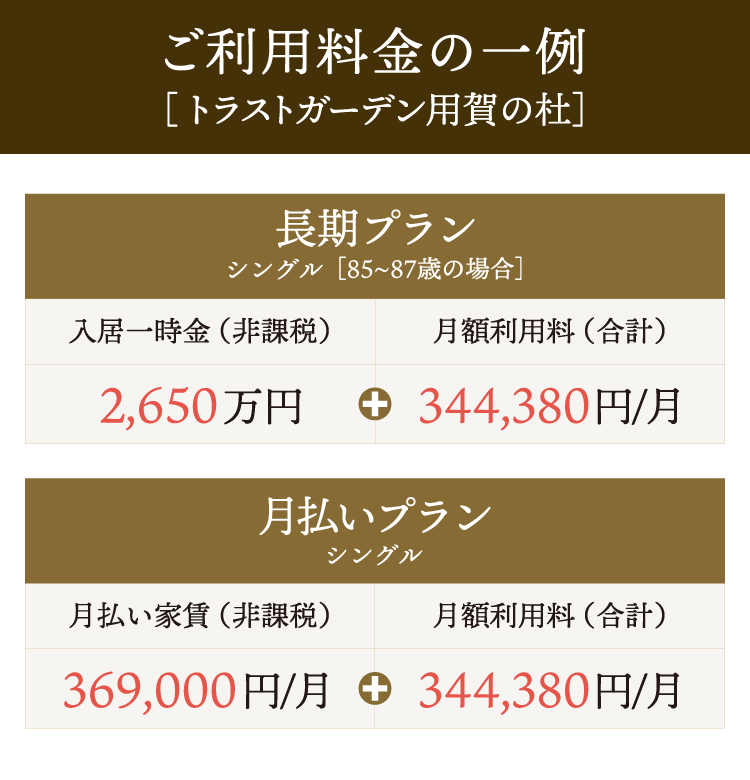 ご利用料金の一例　長期プラン 入居一時金2650万円 月額利用料344,380円/月　月払いプラン 家賃369,000円/月 月額利用料344,380円/月