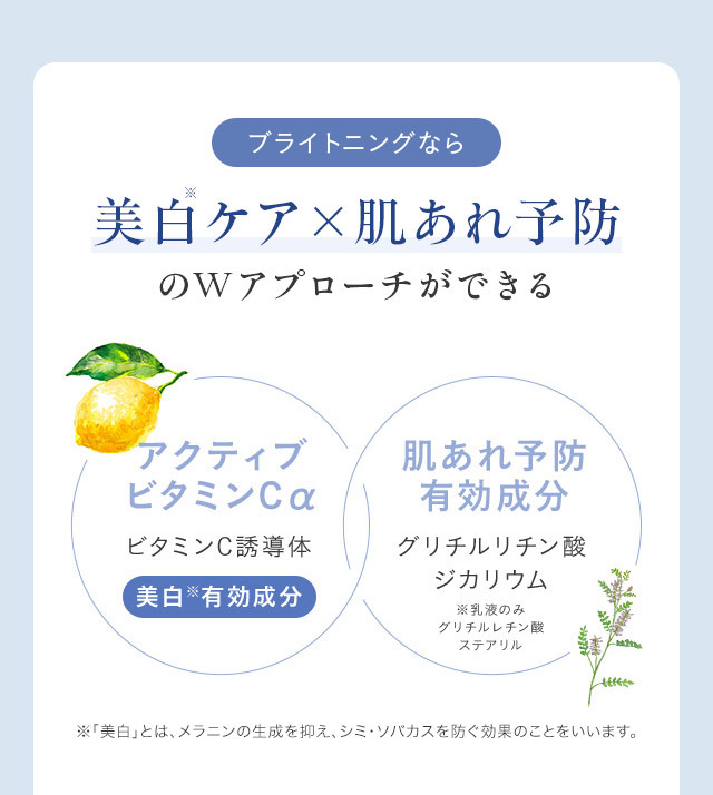 ブライトニングなら 美白※ケア×肌あれ予防のWアプローチができる ※「美白」とは、メラニンの生成を抑え、シミ・ソバカスを防ぐ効果のことをいいます。