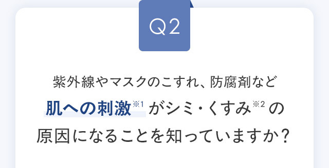 Q2 紫外線やマスクのこすれ、防腐剤など肌への刺激※1 がシミ・くすみ※2 の原因になることを知っていますか？