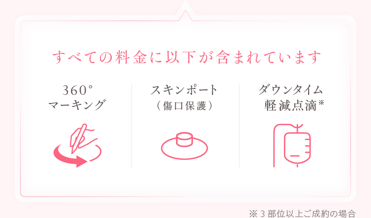 すべての料金に以下が含まれています。360°マーキング、スキンポート（傷口保護）、ダウンタイム軽減点滴（※3部位以上ご成約の場合）