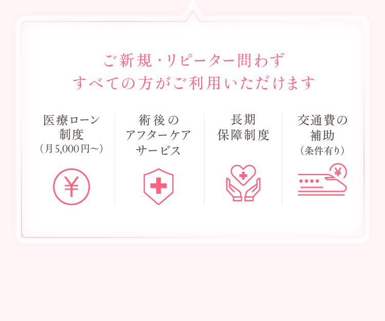 ご新規・リピーター問わずすべての方がご利用いただけます。医療ローン制度（月5,000円〜）、術後のアフターケアサービス、長期保障制度、交通費の補助（条件有り）