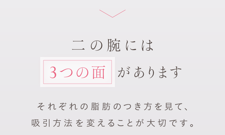 二の腕には3つの面があります それぞれの脂肪のつき方を見て、吸引方法を変えることが大切です。